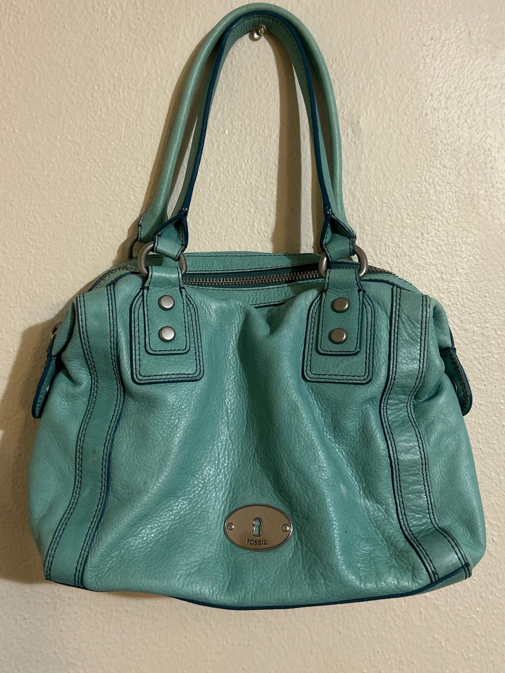 Fossil Teal Blue Leather Satchel Shoulder Bag Double Handle Y2K Purse